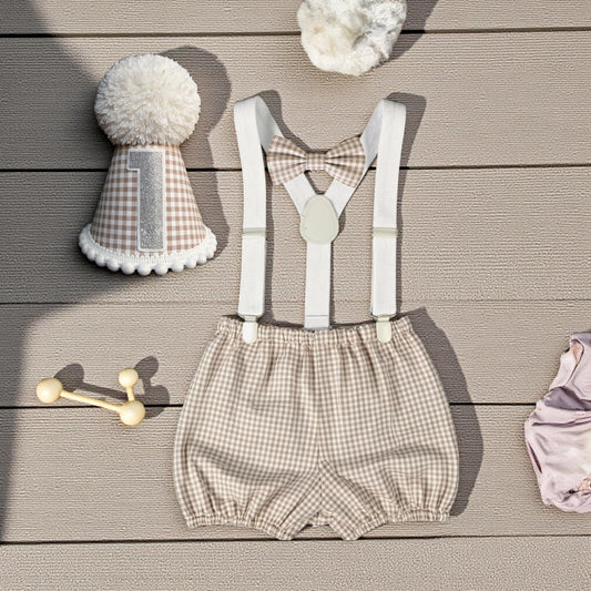 Taupe gingham cake smash outfit – baby boy 1st birthday set