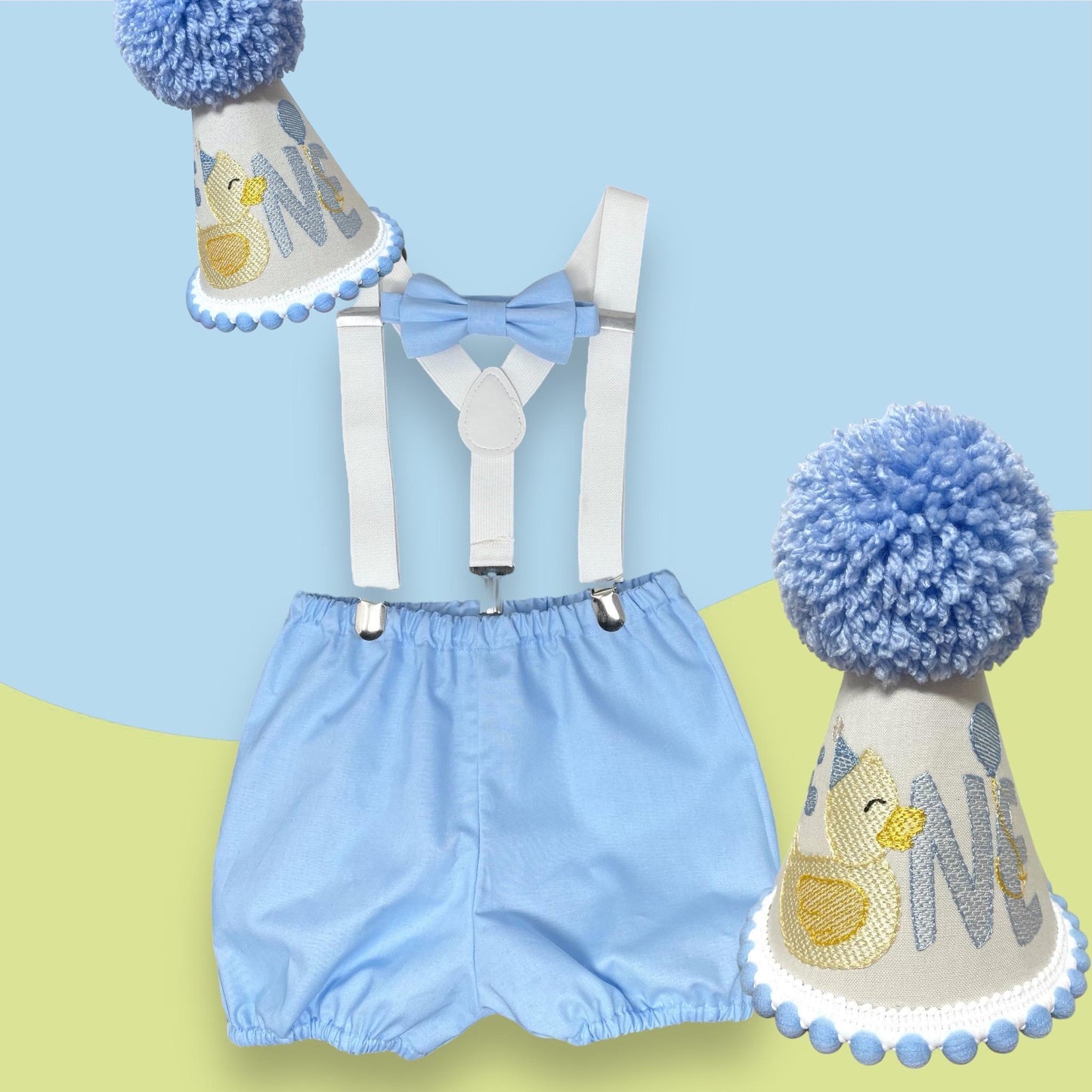 Blue Rubber Duck Cake Smash Outfit | Boys First Birthday Shorts, Bow & Hat Set