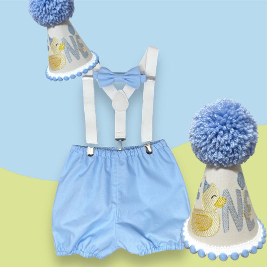 Blue Rubber Duck Cake Smash Outfit | Boys First Birthday Shorts, Bow & Hat Set