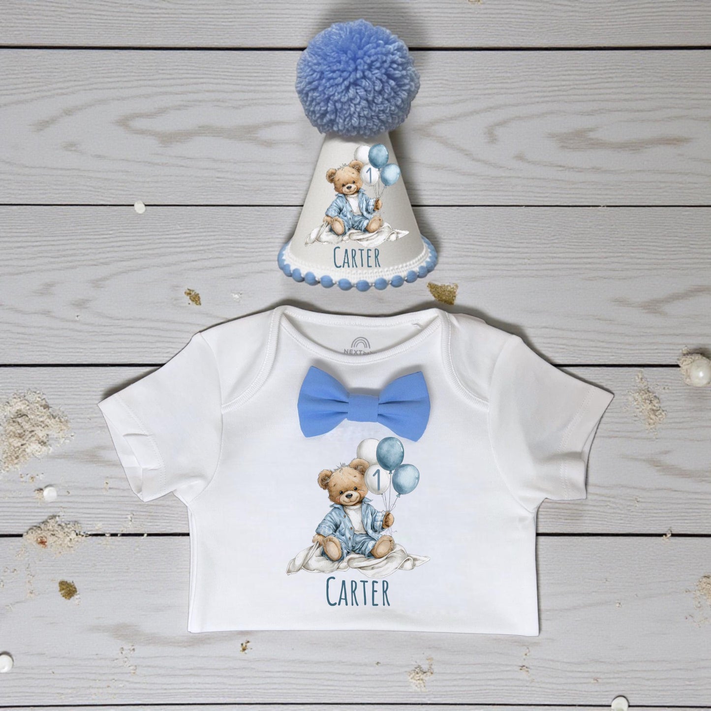 Personalised Birthday Top - Blue Bear 1st Birthday Outfit With Handmade Hat