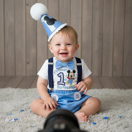 Baby boy wearing personalised embroidered cartoon mouse birthday outfit with blue bloomers and braces.