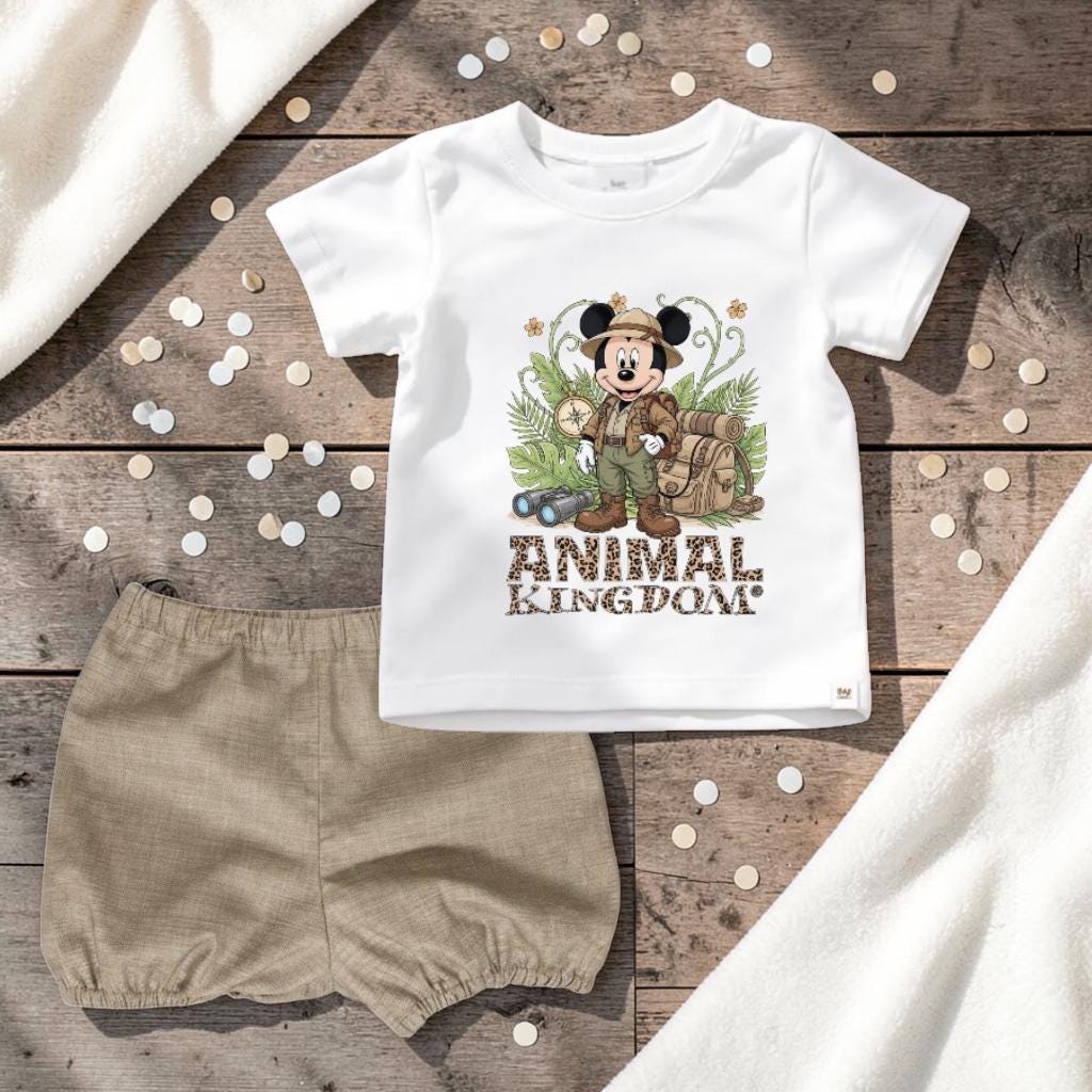 Handmade Animal Kingdom inspired outfit featuring a printed safari adventure T-shirt and taupe linen-look cotton bloomers, perfect for theme park holidays, family vacations, safari adventures and travel photos.