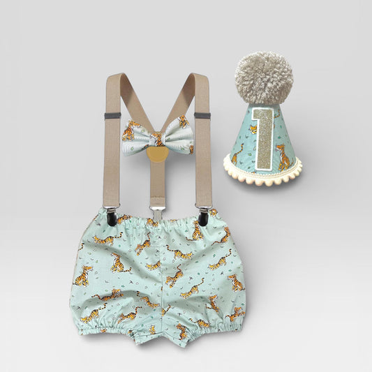 Handmade tiger first birthday outfit with suspenders and party hat