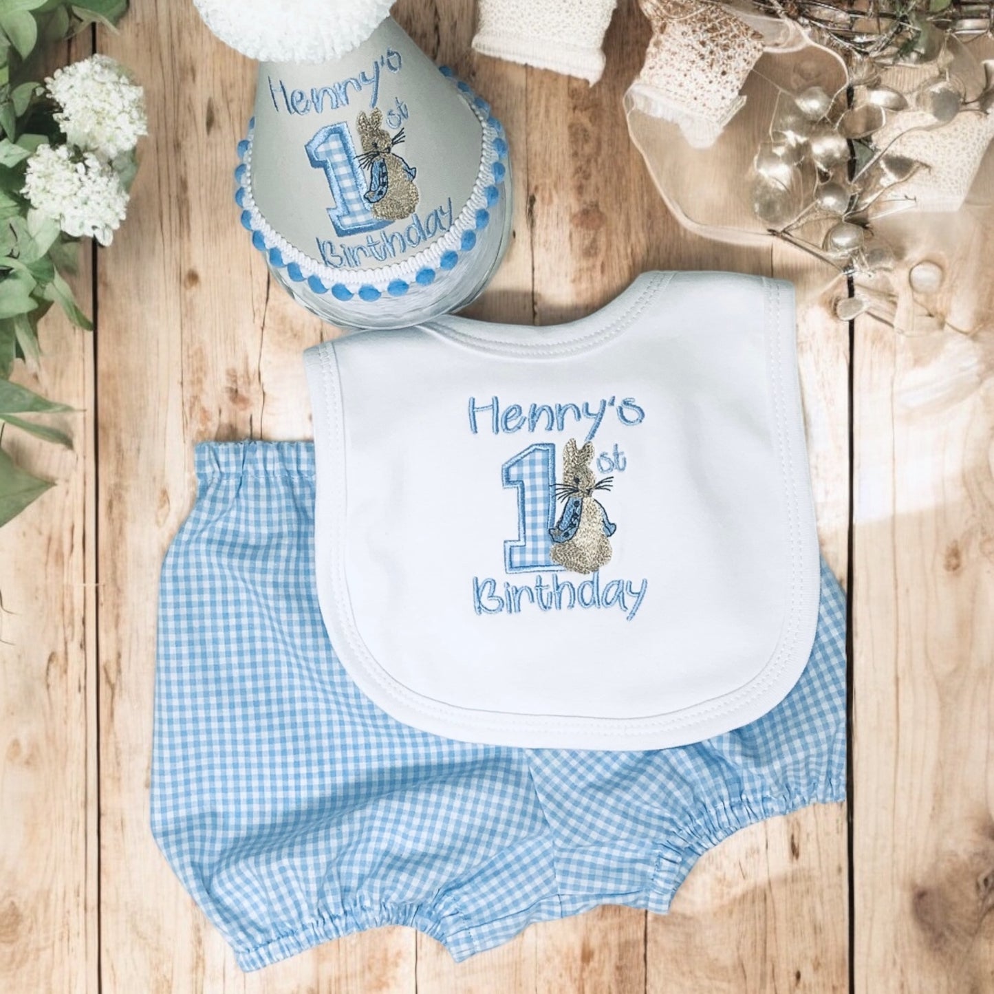 Personalised Classic Peter Rabbit Vintage Style Bloomers Bib Hat