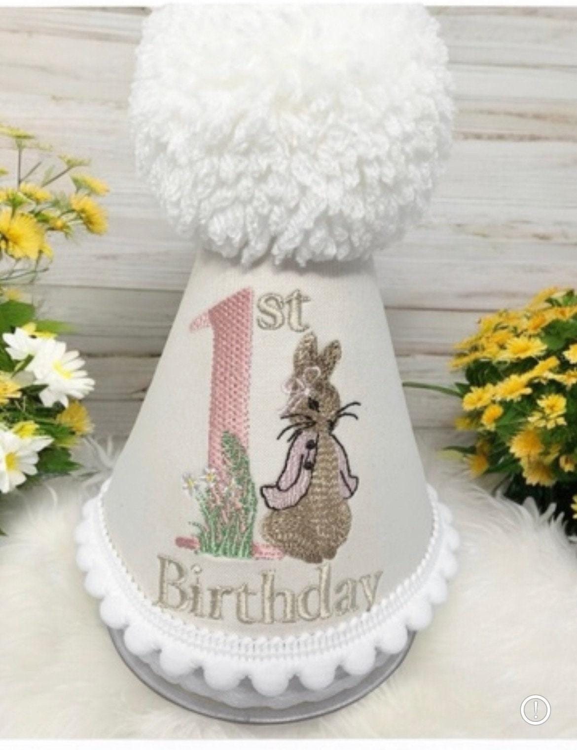 Personalised Flopsy Bunny Party Hat – Pink Birthday Cake Smash Keepsake With Fluffy Pom Pom