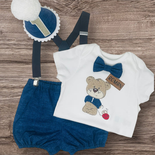 Personalised Sensory Teddy Ladybird Navy Linen Cotton Baby & Toddler Boy's 1st Birthday Cake Smash Party Outfit - bloomers shorts bow hat UK