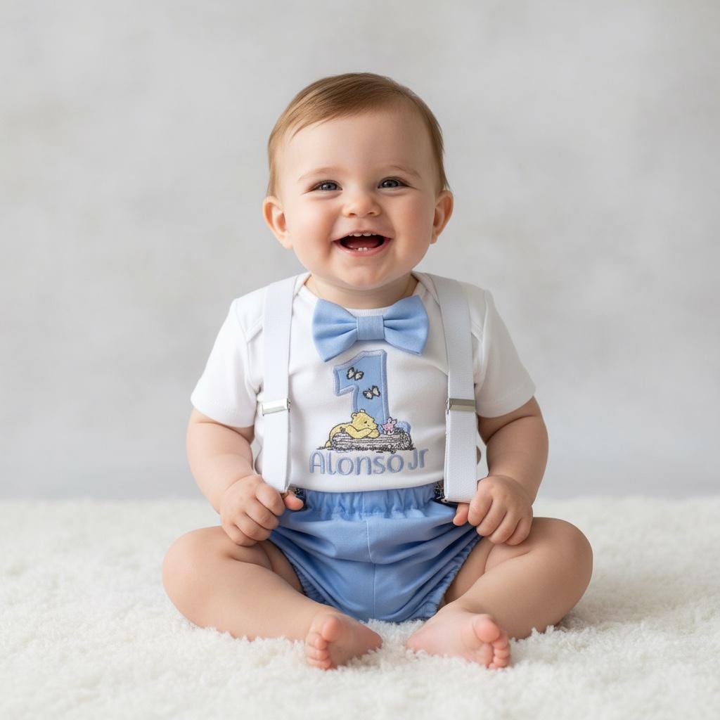 Winnie the Pooh first birthday outfit for baby boy with blue shorts, suspenders, and number 1 party hat, toddler sitting in themed photoshoot.