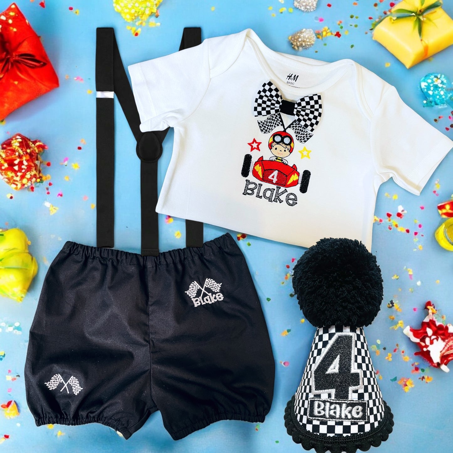 Personalised Race Car Birthday Outfit - Custom T-Shirt & Shorts Set with Name & Age - Racing Theme Party Outfit for Boys