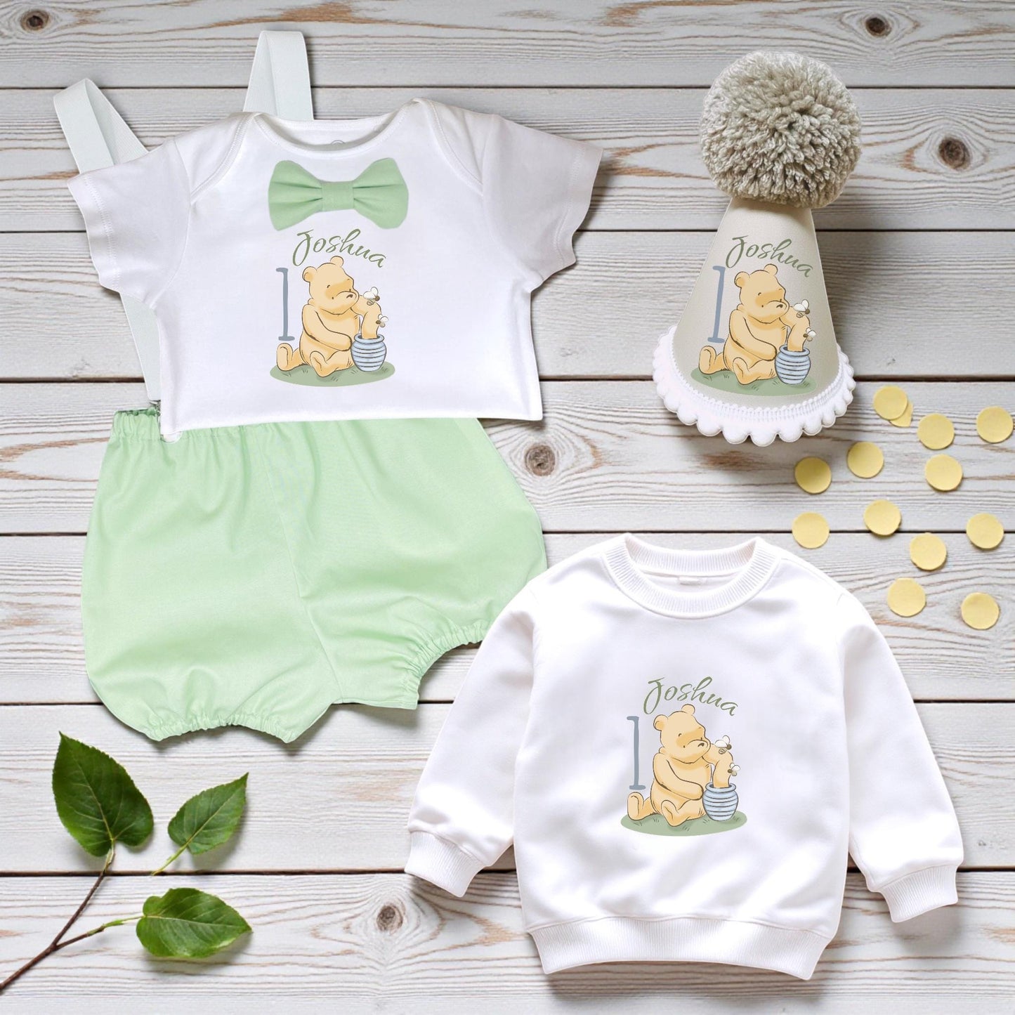 Personalised honey bear first birthday outfit with green shorts