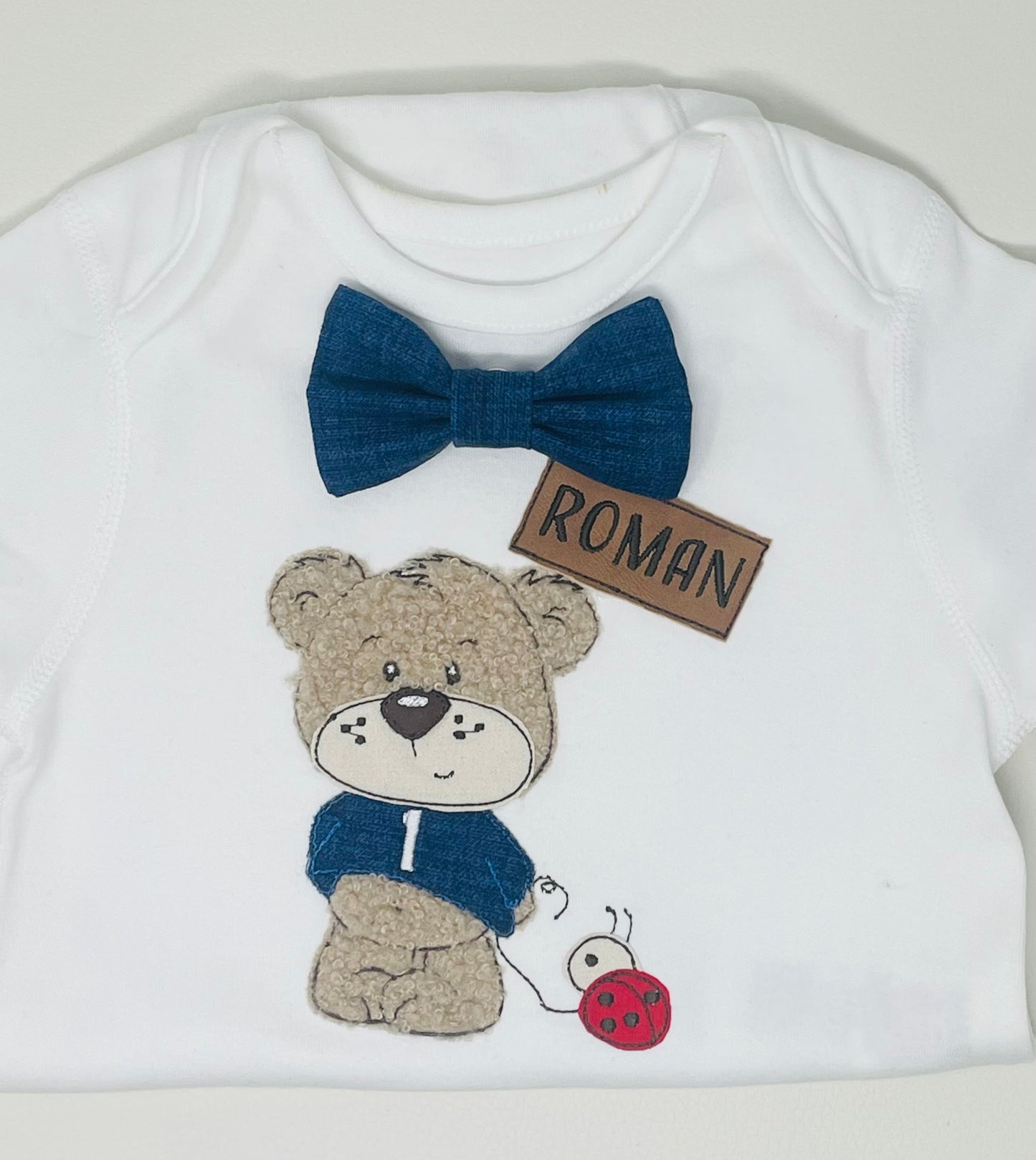 Personalised Sensory Teddy Ladybird Navy Linen Cotton Baby & Toddler Boy's 1st Birthday Cake Smash Party Outfit - bloomers shorts bow hat UK