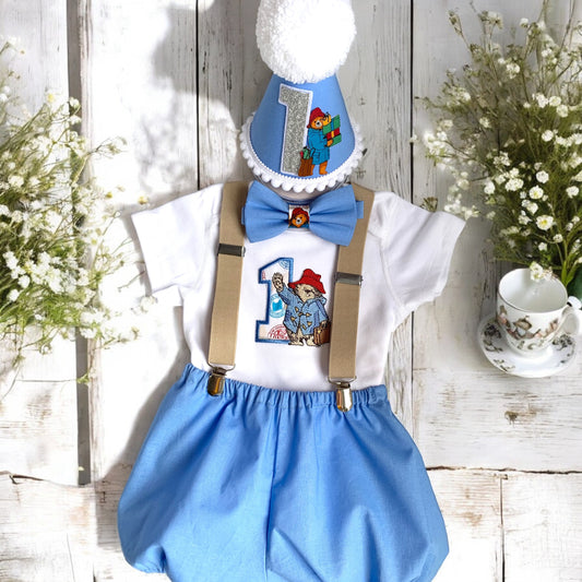 Classic Baby Blue Paddington baby boy’s cake-smash party outfit