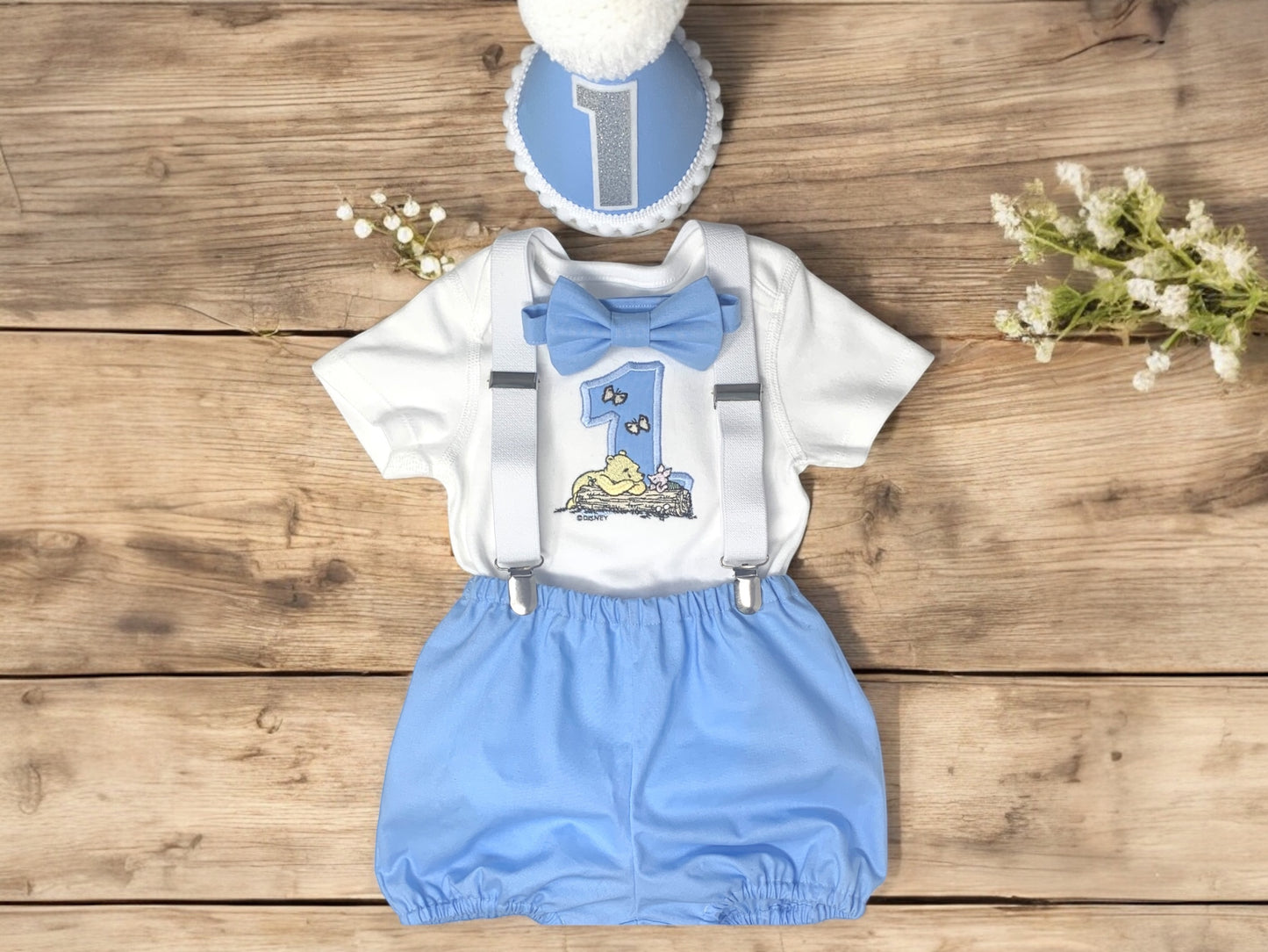 Disney Classic Vintage Baby Blue Winnie Pooh Boy's Birthday Cake Smash Party Outfit