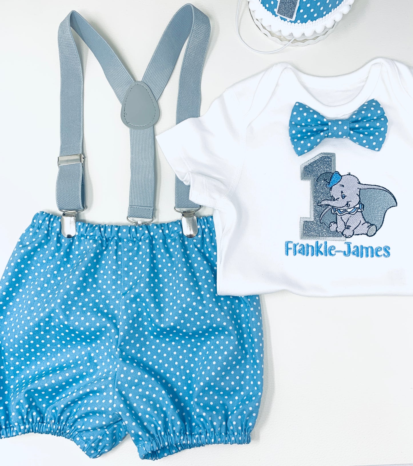 Dumbo Elephant Blue Polka Dot  Boy's Birthday Cake Smash Party Outfit