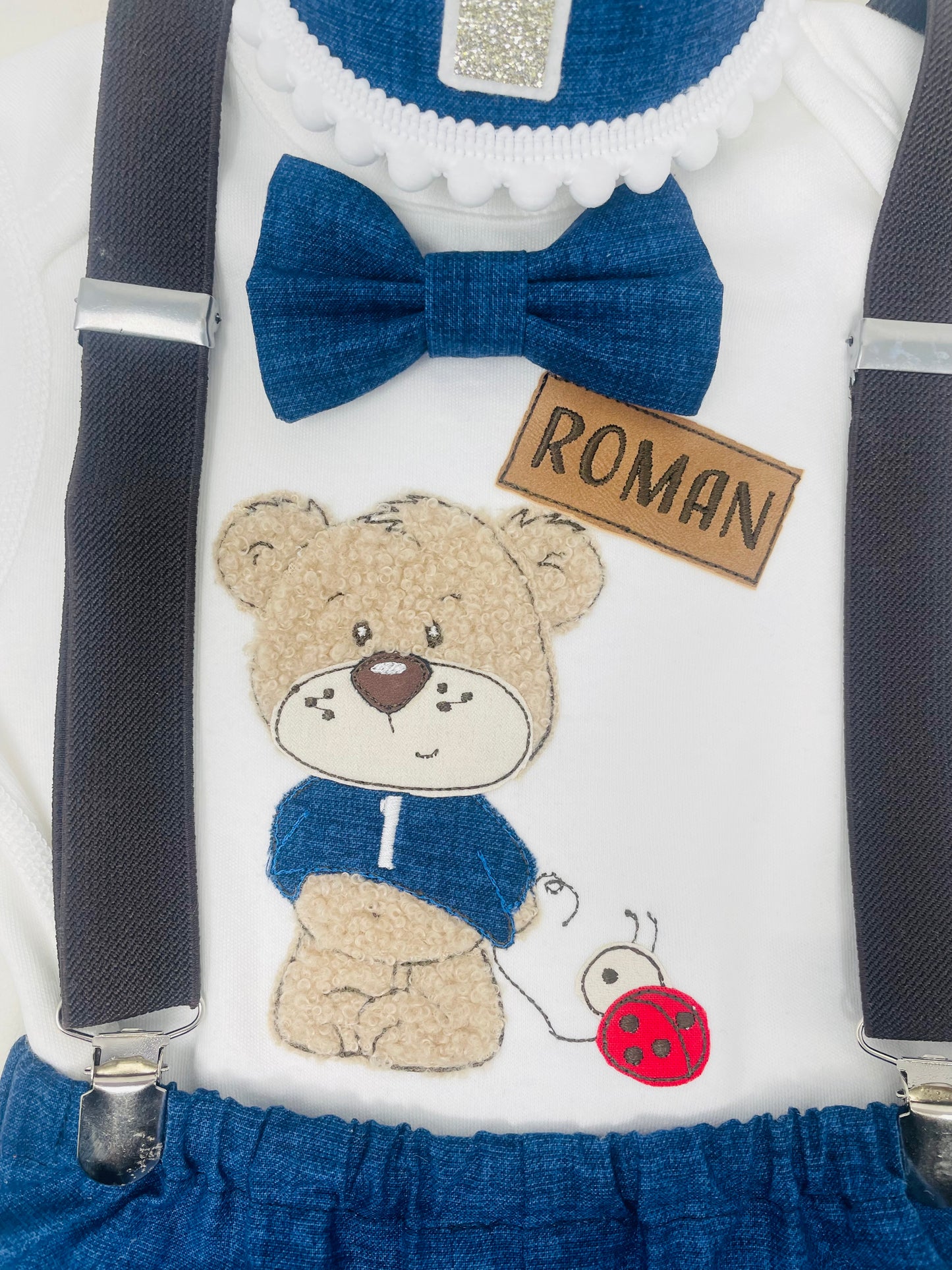 Personalised Sensory Teddy Ladybird Navy Linen Cotton Baby & Toddler Boy's 1st Birthday Cake Smash Party Outfit - bloomers shorts bow hat UK