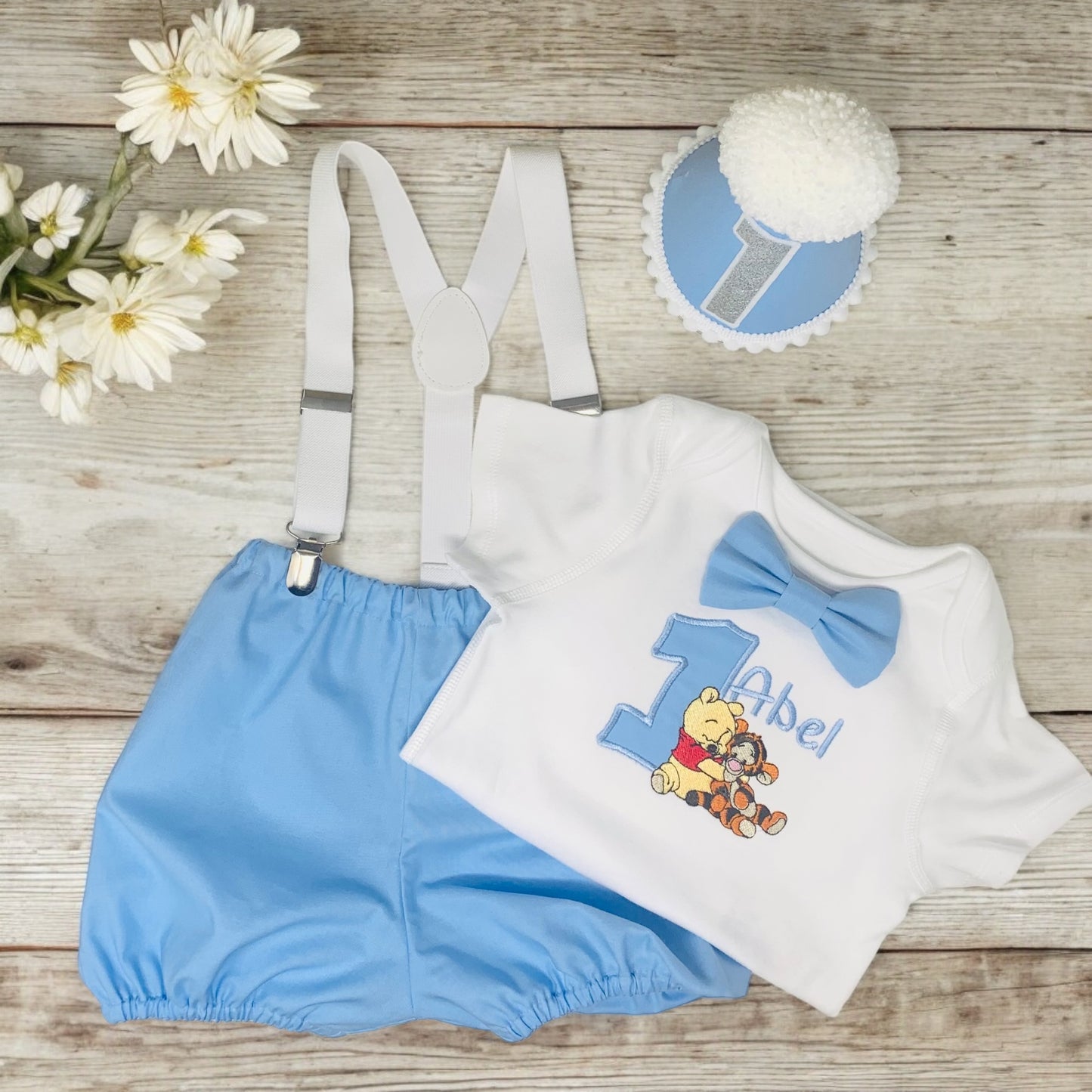 Disney Personalised Baby Winnie Pooh & Tigger Boy's Blue Birthday Cake Smash Party Outfit