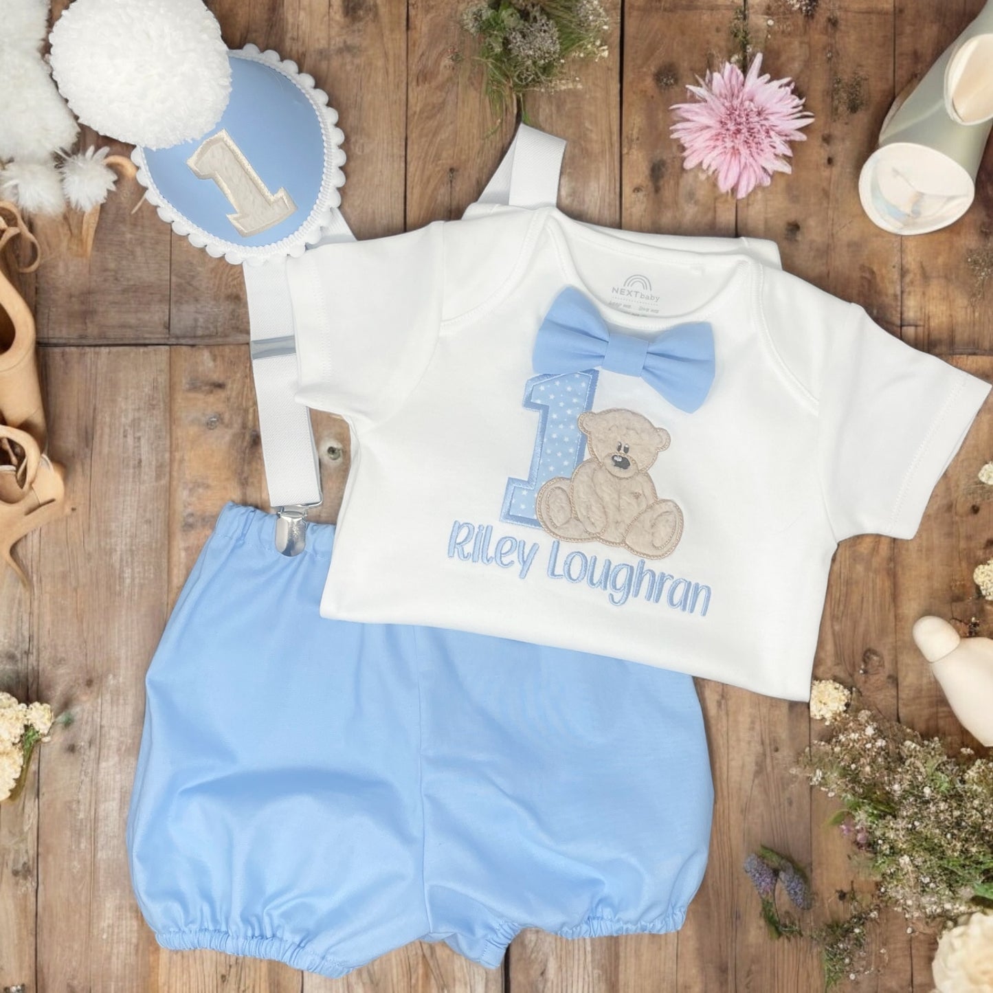 Baby Blue Teddy Bear Sensory Birthday Cake Smash Party Outfit