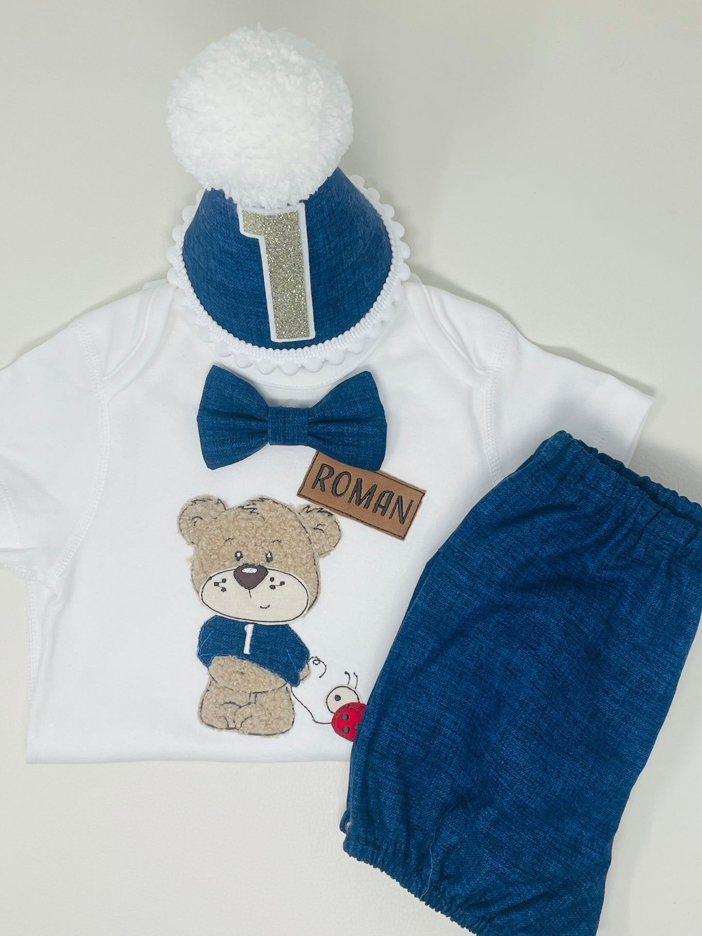 Personalised Sensory Teddy Ladybird Navy Linen Cotton Baby & Toddler Boy's 1st Birthday Cake Smash Party Outfit - bloomers shorts bow hat UK