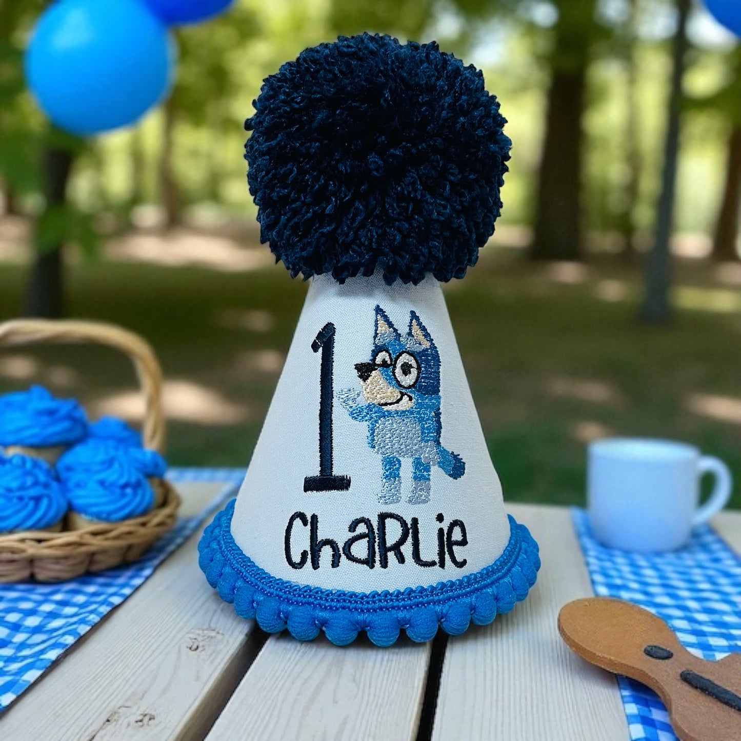 Baby Boy Bluey Dog Birthday Cake-Smash Party Hat Pom-Pom 1st 2nd 3rd 4th 5th Birthday gift keepsake UK