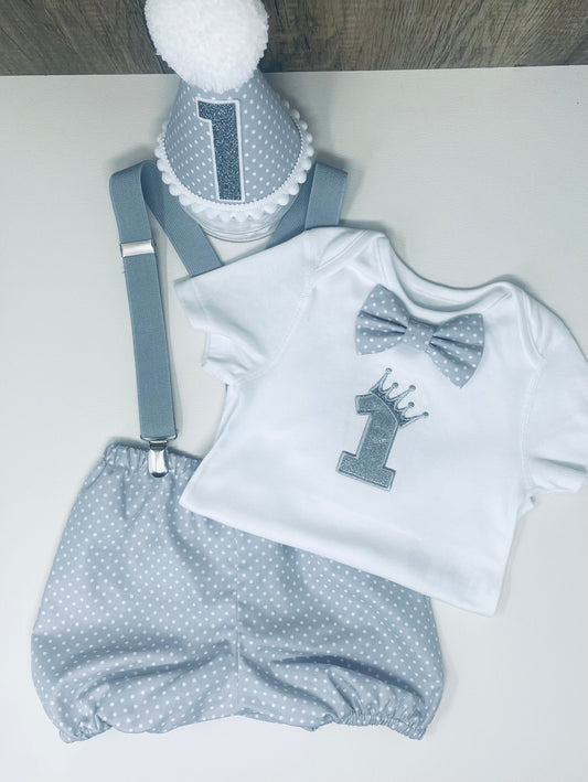 Grey Crown Polka Dot Boy's Birthday Cake Smash Party Outfit