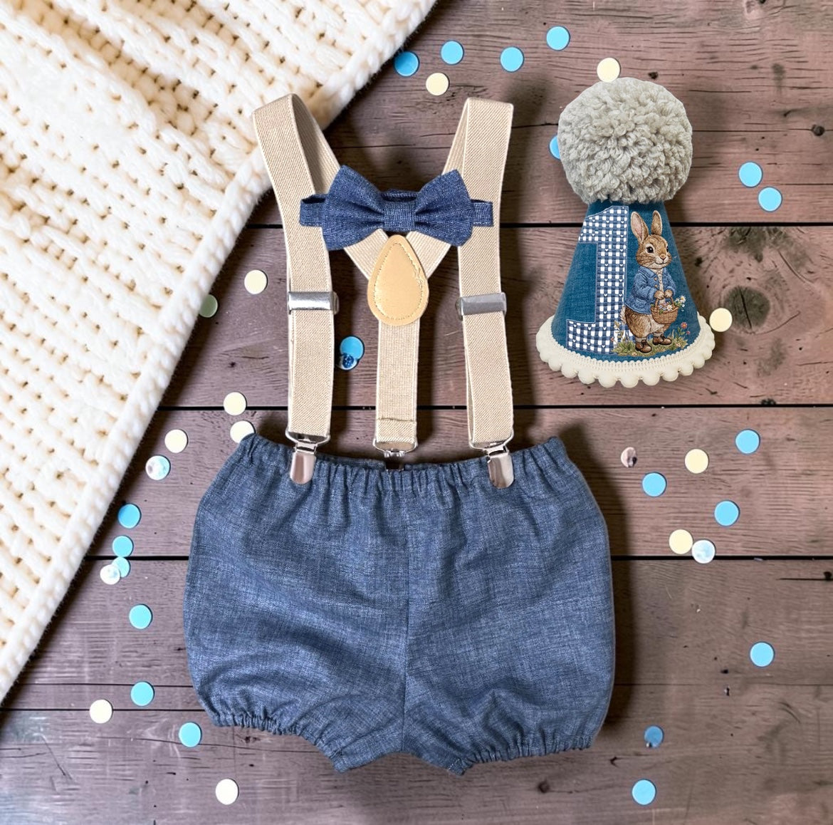 Peter Rabbit first birthday accessories set with handmade denim-blue bloomer shorts, matching blue bow, beige suspender braces and blue printed rabbit party hat with gingham number one and cream pom-pom.