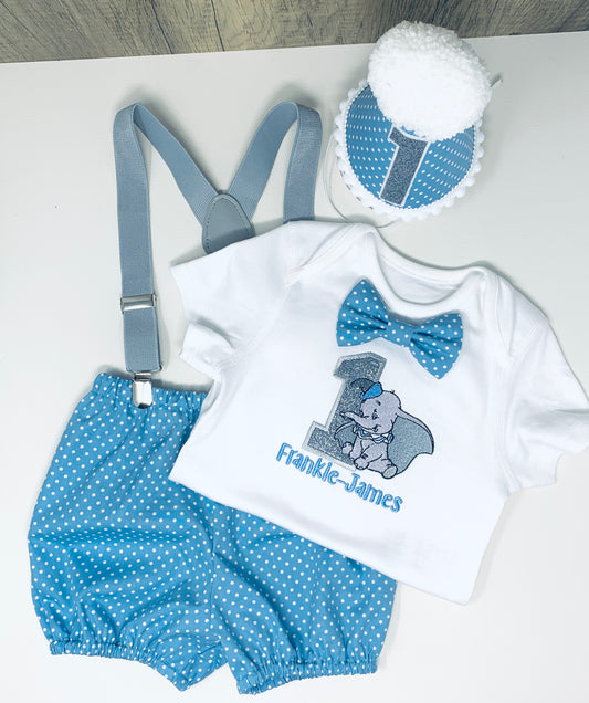 Dumbo Elephant Blue Polka Dot  Boy's Birthday Cake Smash Party Outfit