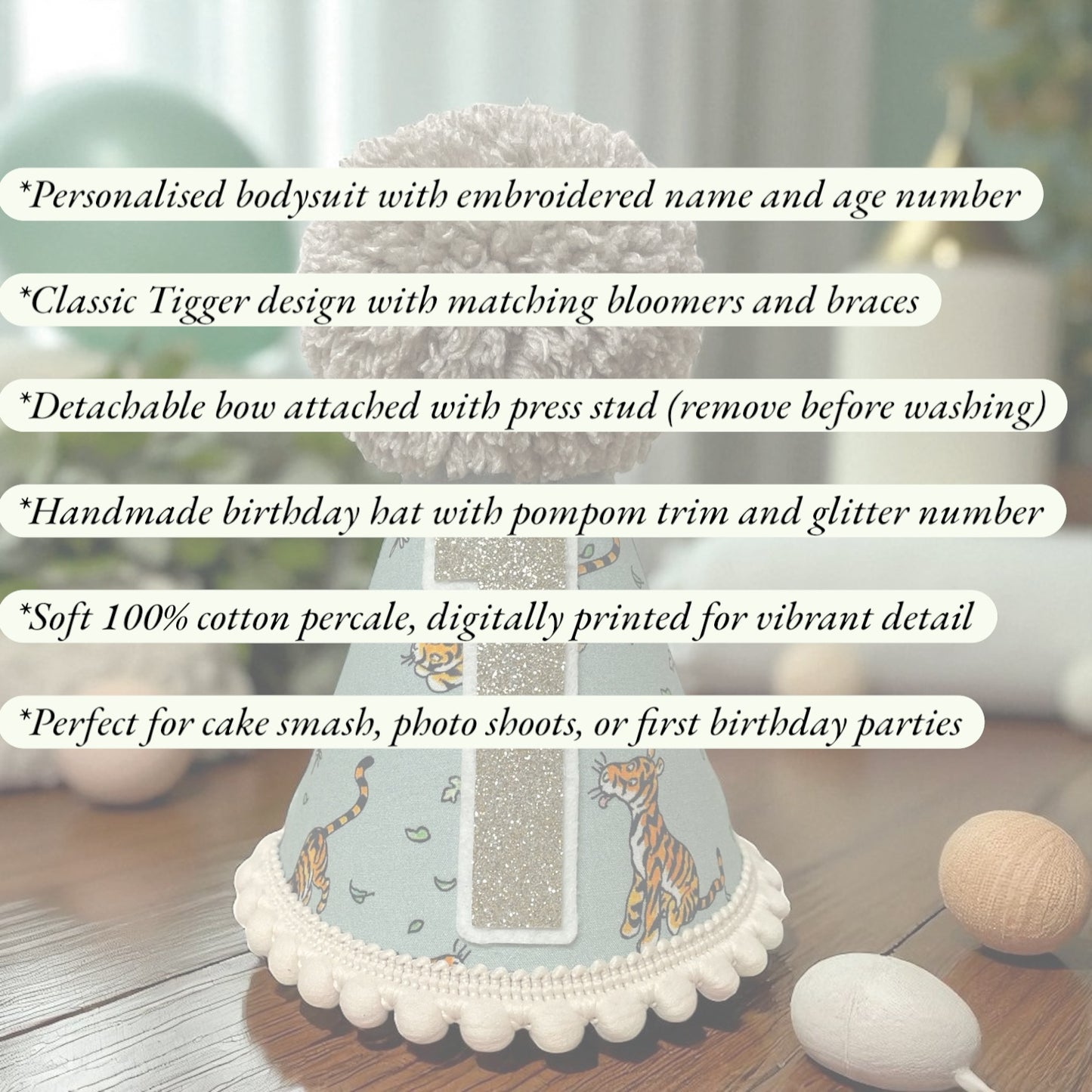 Classic Winnie & Tigger Birthday Outfit – Personalised Cake Smash Bodysuit, Bloomers with Braces and Party Hat – First Birthday Outfit – Handmade by Roo’s Cake-smash Designs