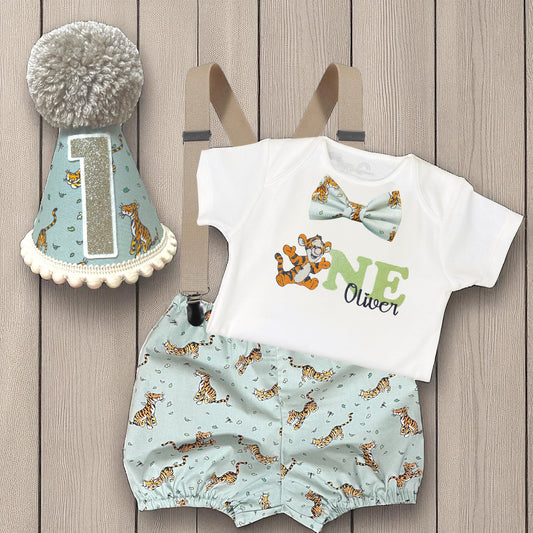 Classic Tigger Birthday Outfit – Personalised Cake Smash Bodysuit, Bloomers with Braces and Party Hat – First Birthday Outfit – Handmade by Roo’s Cake-smash Designs