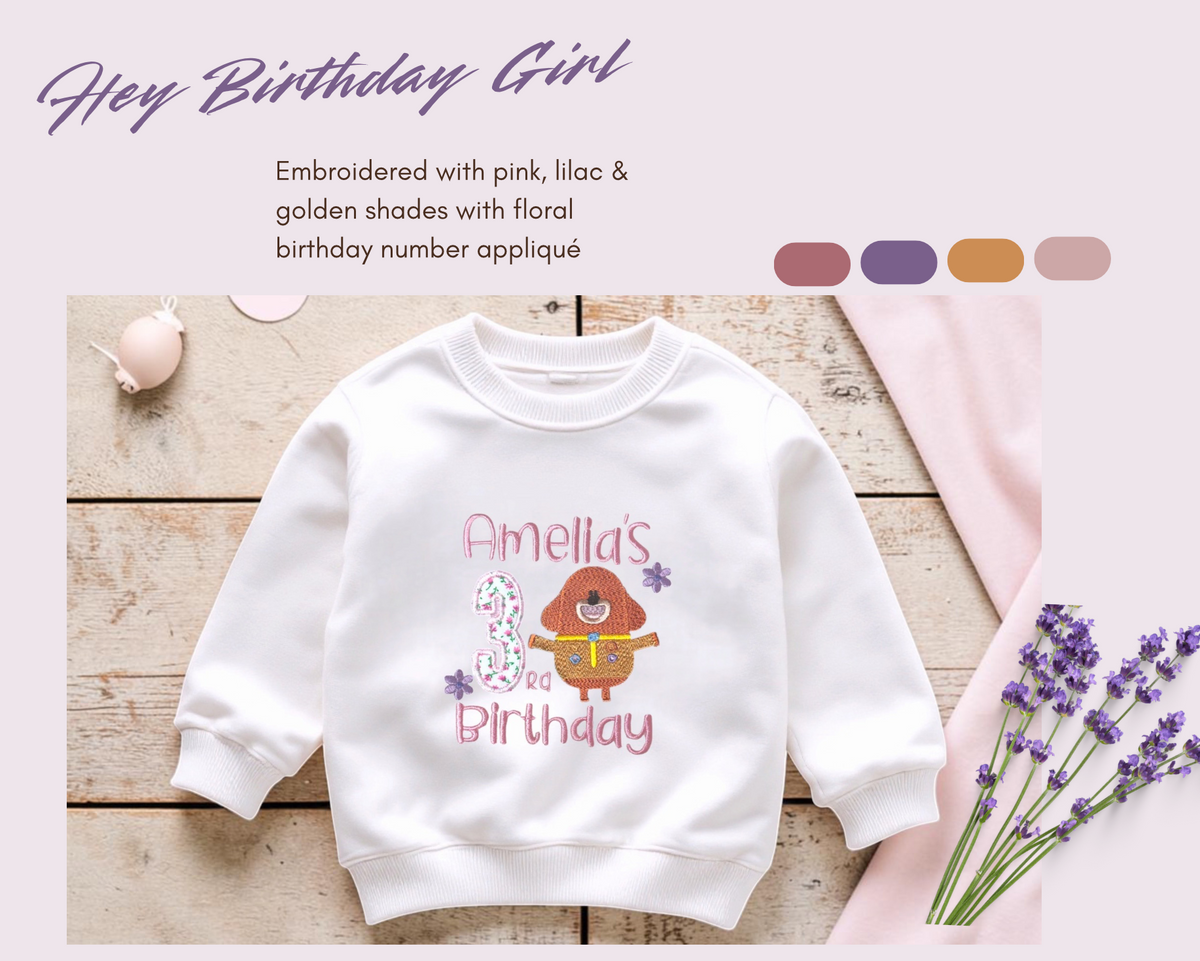 Personalised Hey Duggee Girls Birthday Sweatshirt | Embroidered Floral Number