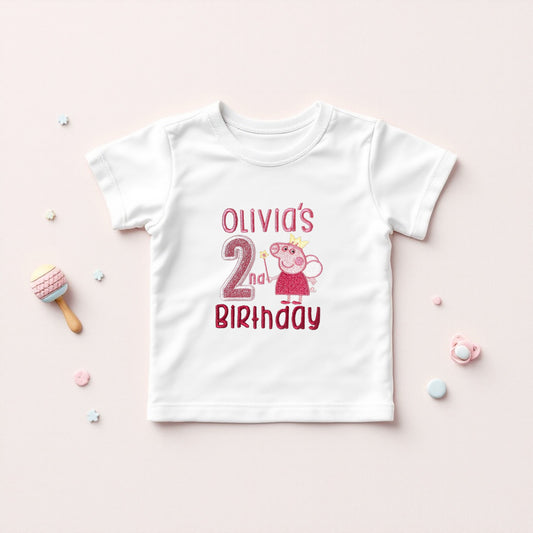 Peppa Birthday T-Shirt or Sweatshirt – Personalised Toddler Birthday Top with Name & Age – Baby Girl Cake Smash Outfit