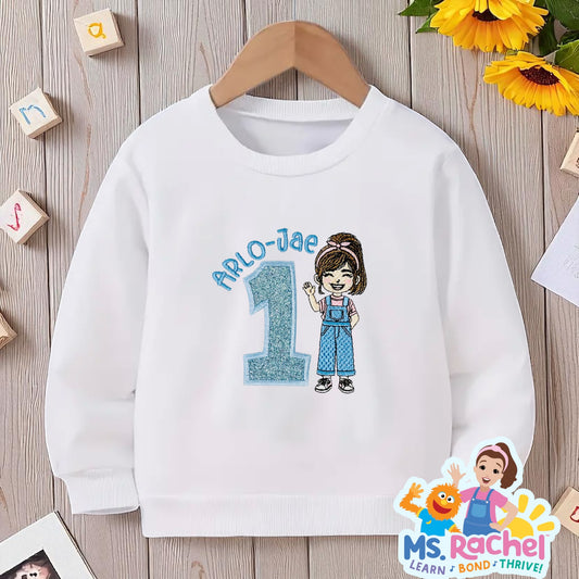 Ms Rachel Personalised Birthday T-shirt or Sweatshirt – Embroidered with Name Age, Character-Inspired Design – Baby & Toddler Cake Smash Top