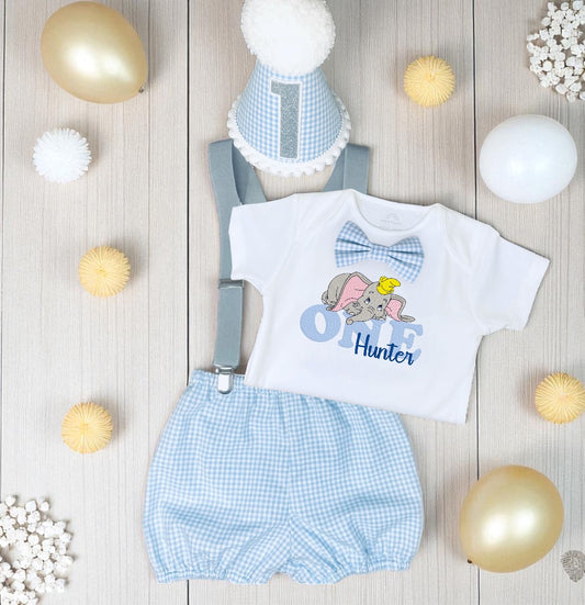 Personalised Dumbo Birthday Outfit – Cake Smash Set with Hat, Shorts, Braces & Embroidered Bodysuit – Baby Boy 1st Birthday Clothes