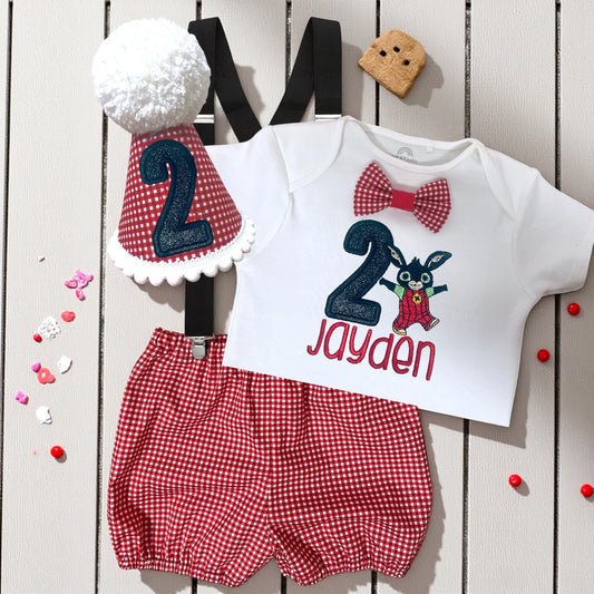 Bing Bunny Cake Smash Outfit – Personalised Baby Birthday Romper with Hat | Embroidered 1st 2nd Birthday Boy Outfit | Roo’s Cake-smash Designs