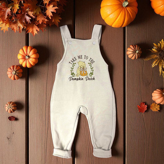 Winnie the Pooh Pumpkin Patch Baby Outfit – Autumn Dungarees with Embroidered Design – Fall Baby Clothes – Toddler Seasonal Outfit
