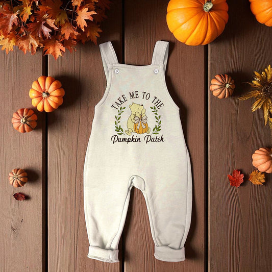 Winnie the Pooh Pumpkin Patch Baby Outfit – Autumn Dungarees with Embroidered Design – Fall Baby Clothes – Toddler Seasonal Outfit