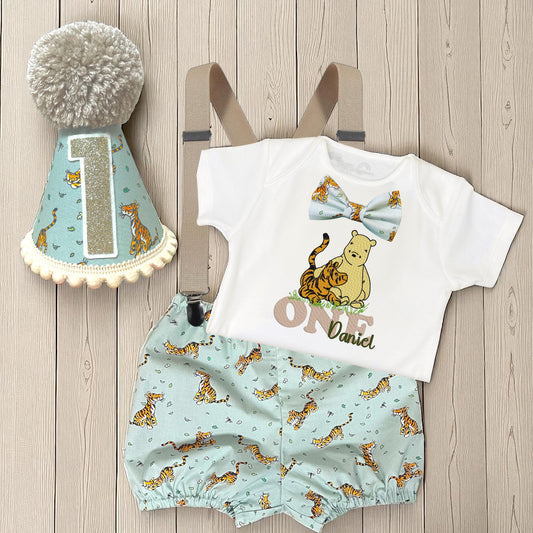 Classic Winnie & Tigger Birthday Outfit – Personalised Cake Smash Bodysuit, Bloomers with Braces and Party Hat – First Birthday Outfit – Handmade by Roo’s Cake-smash Designs
