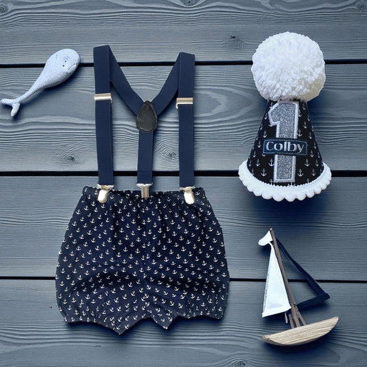 Sailor Birthday Outfit – Baby Boy Cake Smash Set with Anchor Bloomers, Bow Tie, Suspenders & Personalised Party Hat