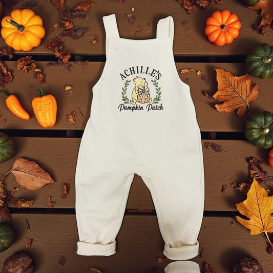 Winnie the Pooh Pumpkin Patch Baby Outfit – Autumn Dungarees with Embroidered Design – Fall Baby Clothes – Toddler Seasonal Outfit