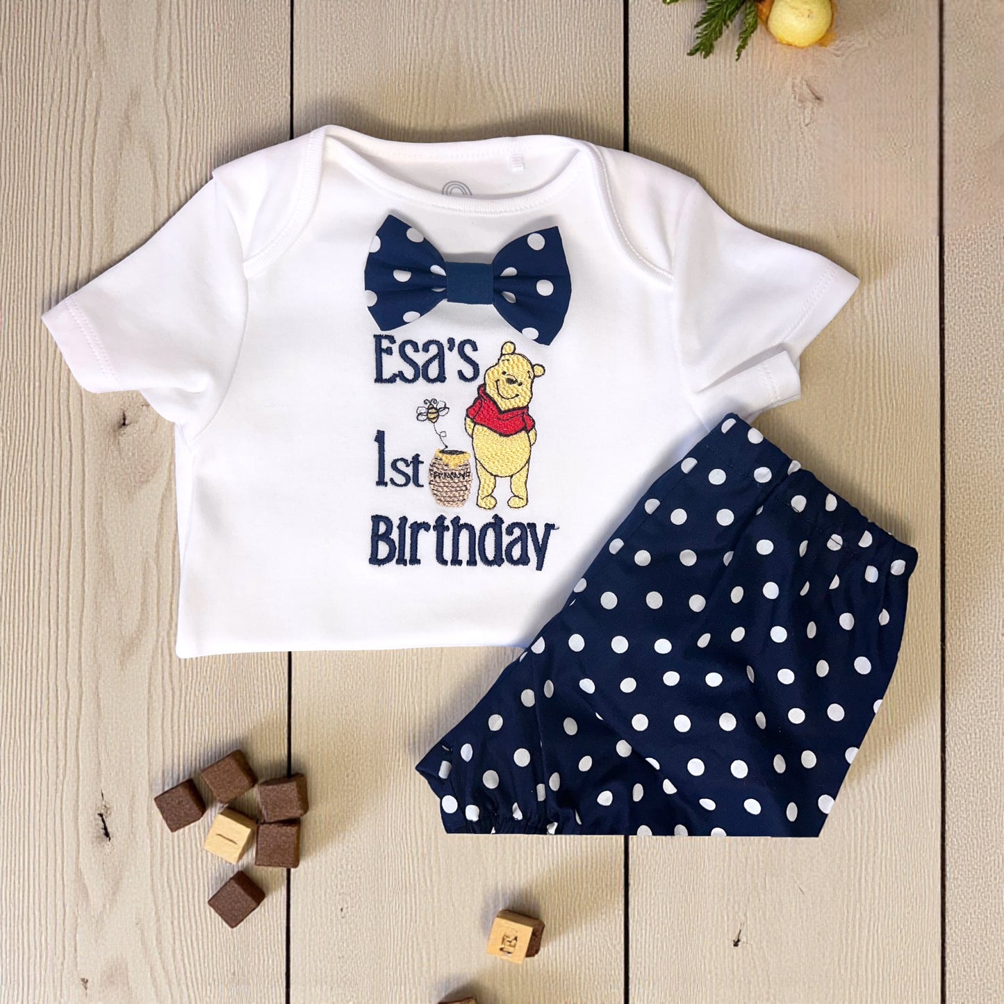 Winnie Pooh Bear Navy Blue Teddy Bear Baby Boy's Personalised 1st  Birthday Cake Smash Party Outfit