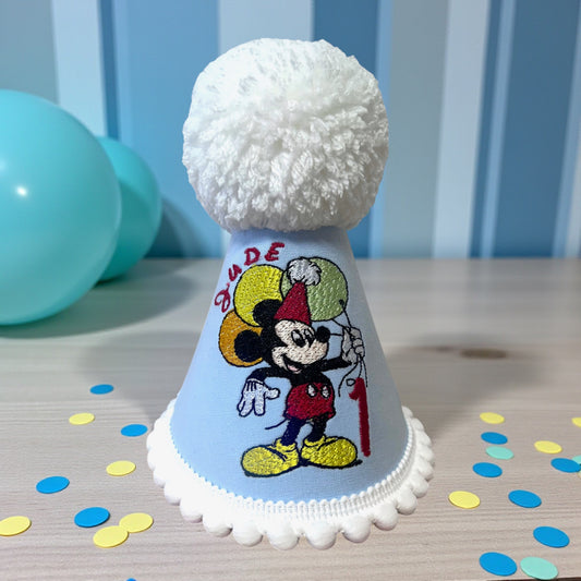 Mickey Mouse Birthday Party Hat – Personalised Baby or Toddler 1st Birthday Cake Smash Hat | Handmade Embroidered Party Accessory