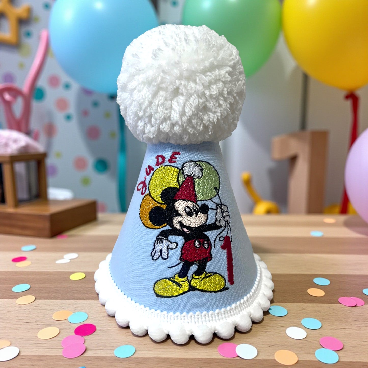 Mickey Mouse Birthday Party Hat – Personalised Baby or Toddler 1st Birthday Cake Smash Hat | Handmade Embroidered Party Accessory