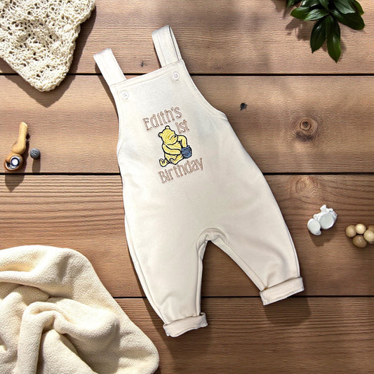 Winnie the Pooh Birthday Outfit – Personalised Baby Dungarees with Name & Age – Handmade Cake Smash Overalls, First Birthday Gift