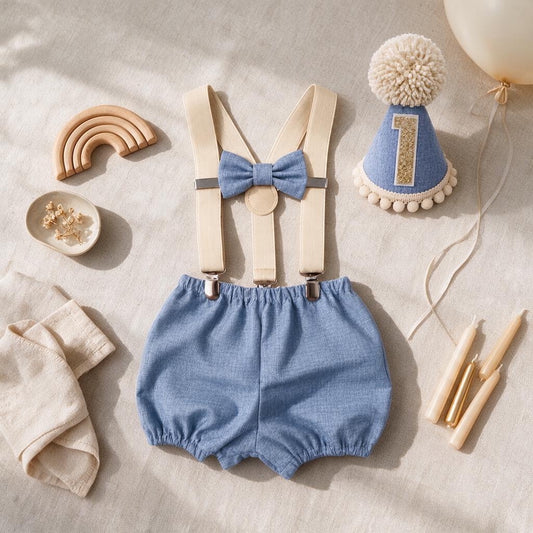 Handmade chambray blue birthday cake smash outfit with John Louden 100% cotton bloomer shorts, matching blue bow, beige suspender braces and coordinating blue party hat with champagne glitter number one and fluffy cream pom-pom.