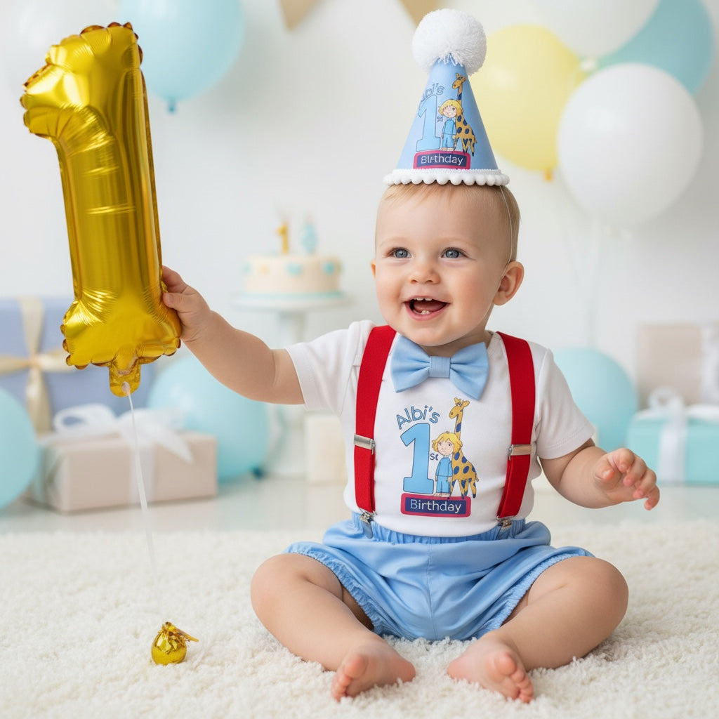A baby sitting on a white carpet at a birthday party, wearing a white t-shirt with 'Aibi's 1st Birthday' and cartoon characters, blue shorts, red suspenders, a blue bow tie, and a blue party hat. The baby is holding a large gold foil balloon shaped like the number one.