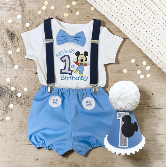 Mickey Mouse Party Outfit – Personalised Embroidered Baby Cake Smash Set - First Birthday Romper Boy