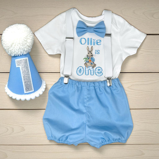 Peter Rabbit Cake Smash Outfit – Personalised Baby Birthday Romper with Hat | Custom Embroidered 1st Birthday Boy Outfit | Roo’s Cake-smash Designs