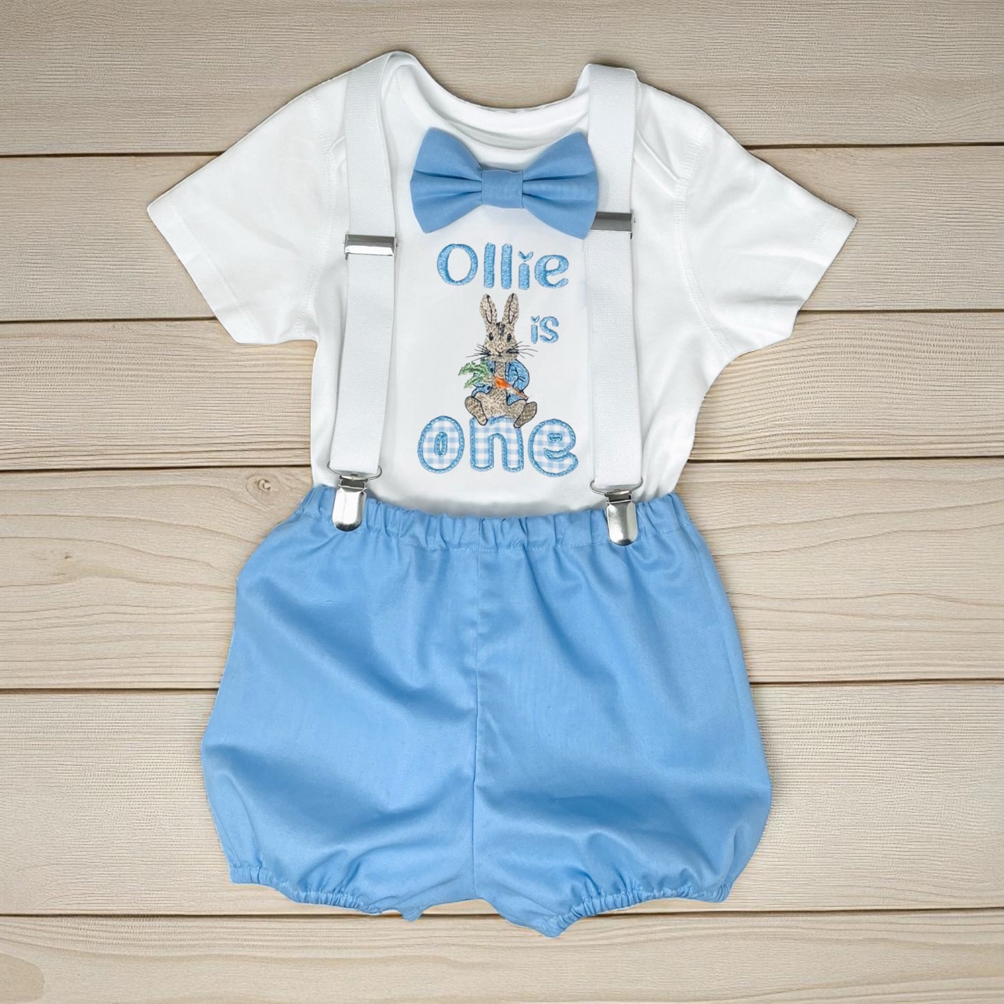 Peter Rabbit Cake Smash Outfit – Personalised Baby Birthday Romper with Hat | Custom Embroidered 1st Birthday Boy Outfit | Roo’s Cake-smash Designs