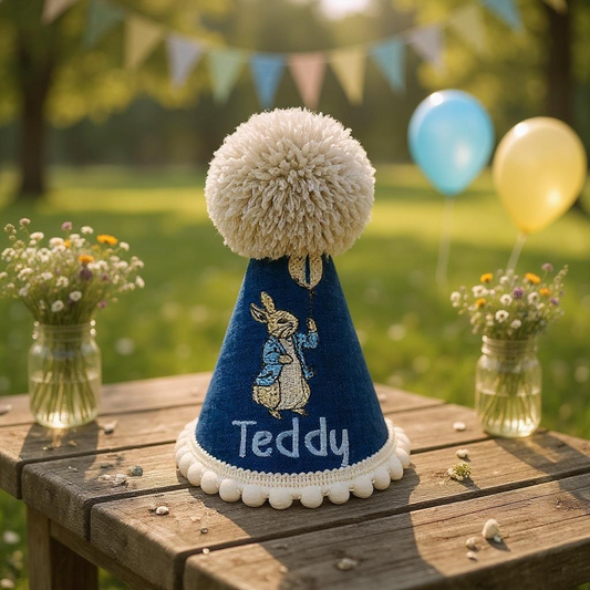 Baby Unisex Navy Peter Rabbit Birthday Cake-Smash Party Hat Pom-Pom 1st 2nd 3rd 4th 5th Birthday gift keepsake UK