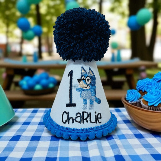 Baby Boy Bluey Dog Birthday Cake-Smash Party Hat Pom-Pom 1st 2nd 3rd 4th 5th Birthday gift keepsake UK