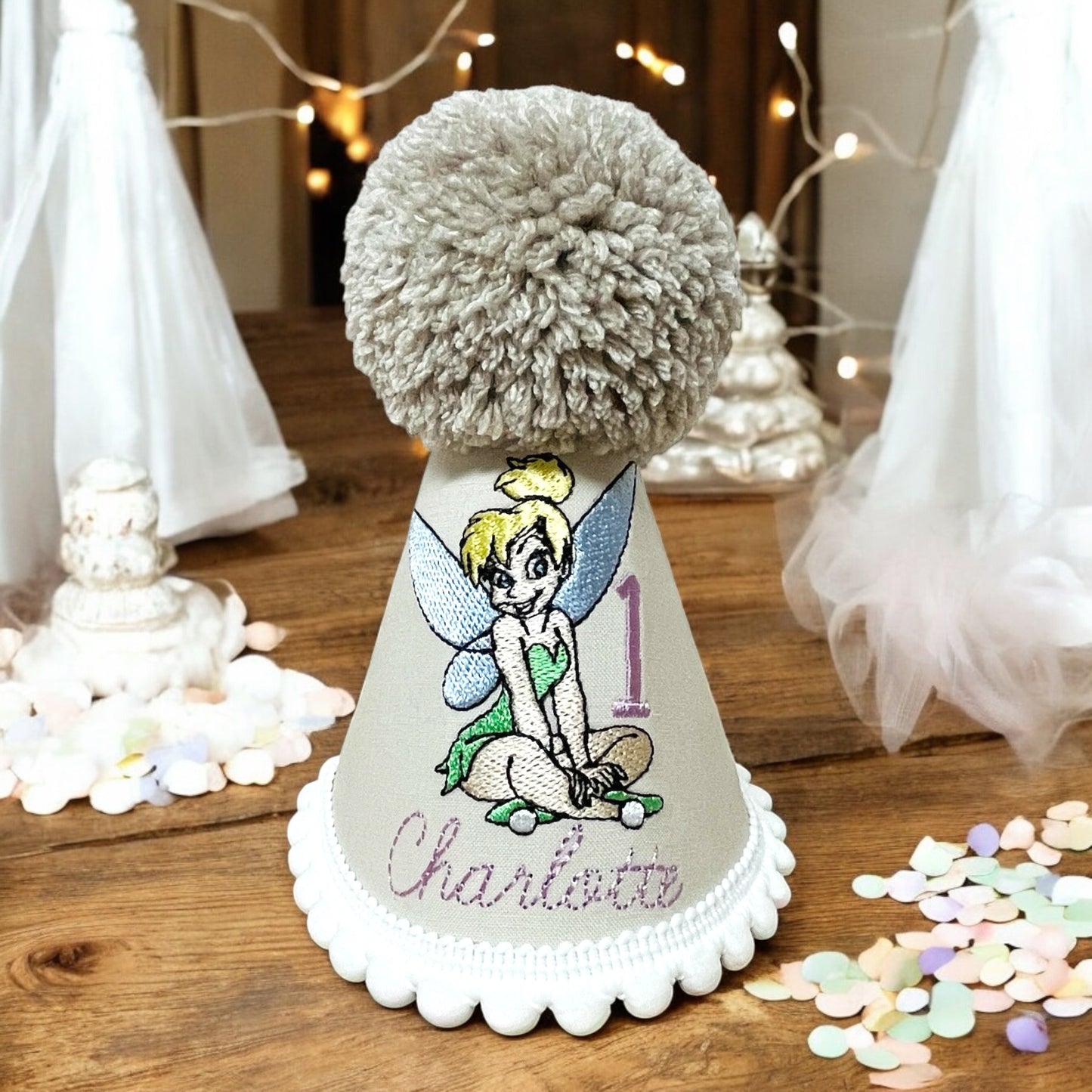 Personalised Tinkerbell Birthday Party Hat for Baby Girl, Toddler Cake Smash Hat with Name and Age, Handmade with Pompom