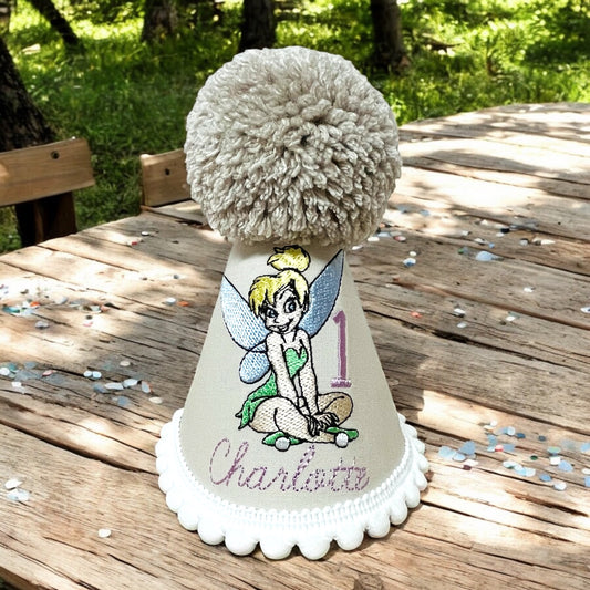 Personalised Tinkerbell Birthday Party Hat for Baby Girl, Toddler Cake Smash Hat with Name and Age, Handmade with Pompom